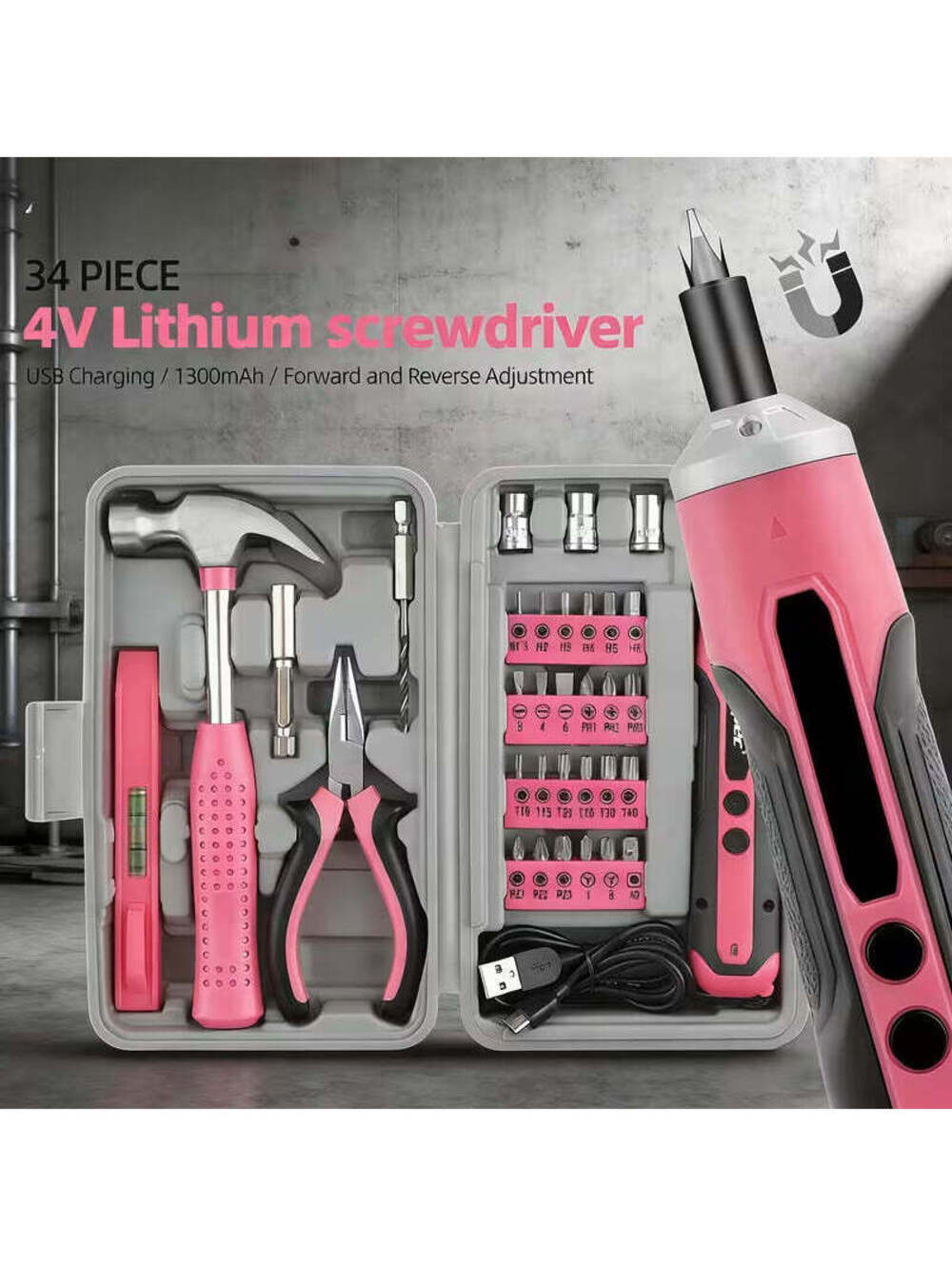 34pcs Pink Cordless Drill & Screwdriver, Portable USB Electric Drill